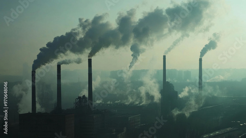 Industrial site with exhaust stacks emitting thick smoke and pollutants