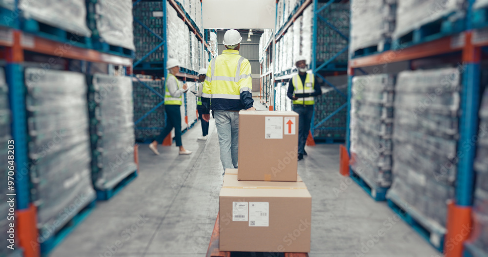 Export, box and shipping with people in warehouse for distribution ...