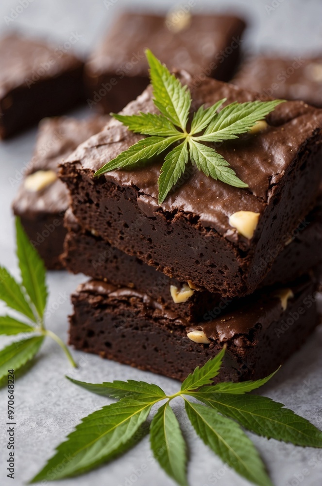 Pot brownie - hemp cannabis leaves on chocolate brownie. Pot brownie - hemp cannabis leaves on chocolate brownie.