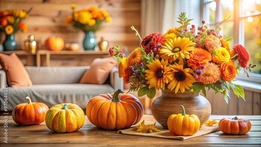 Bright autumn bouquet with pumpkins on rustic table in cozy living room, perfect for fall decor and Thanksgiving celebrations Bright autumn bouquet with pumpkins on rustic table in cozy living room, perfect for fall decor and Thanksgiving celebrations