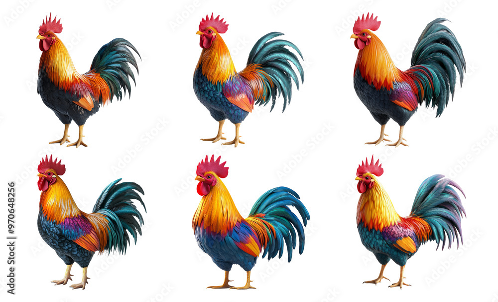 Fototapeta premium Set of vibrant roosters in different poses isolated on transparent background