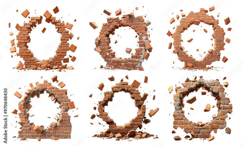 Set of brick wall circular cracks isolated on transparent background Set of brick wall circular cracks isolated on transparent background