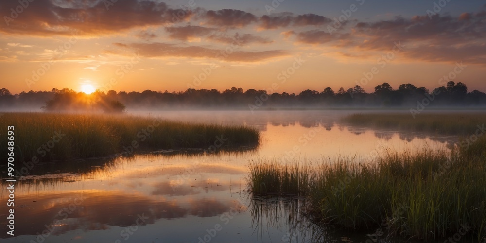 Experience breathtaking beauty of a sunrise over a stunning marsh. Experience breathtaking beauty of a sunrise over a stunning marsh.