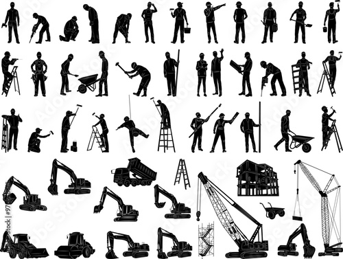 set of silhouettes builders and construction equipment vector