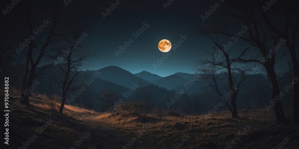 Haunted Forest with Full Moon and Dark Hills. Haunted Forest with Full Moon and Dark Hills.