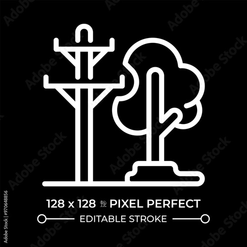 Power lines and trees white linear icon for dark theme. Electrical safety. Vegetation management. Utility pole. Urban planning. Thin line illustration. Isolated symbol for night mode. Editable stroke