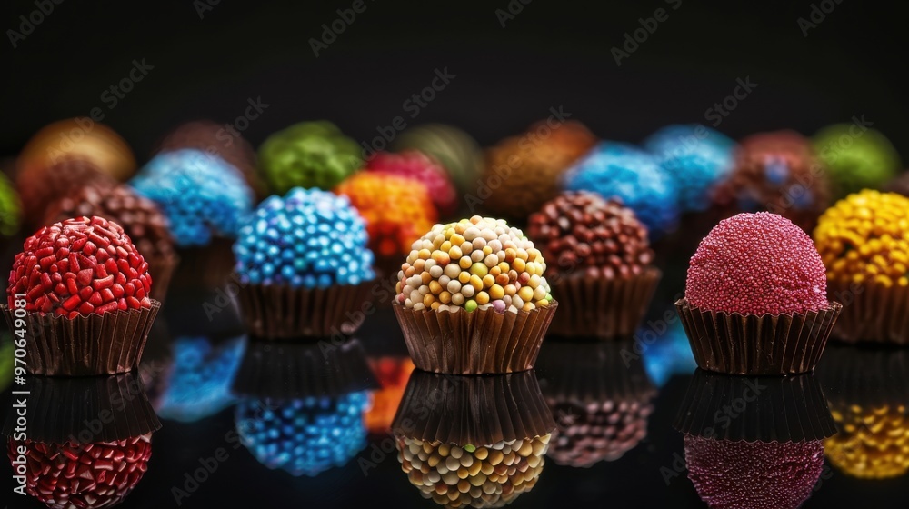 Brigadeiros beautiful colorful sweets on black reflective surface selective focus Brigadeiros beautiful colorful sweets on black reflective surface selective focus