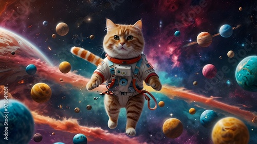 A delicately rendered cat astronaut, surrounded by a swirling nebula of pastel hues, with a ghostly companion floating by its side and a trail of candy corn following in its wake