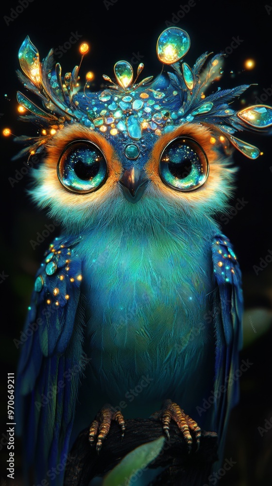 Enchanting Blue Owl with Jewel Adornments in a Mystical Forest Setting Image Enchanting Blue Owl with Jewel Adornments in a Mystical Forest Setting Image