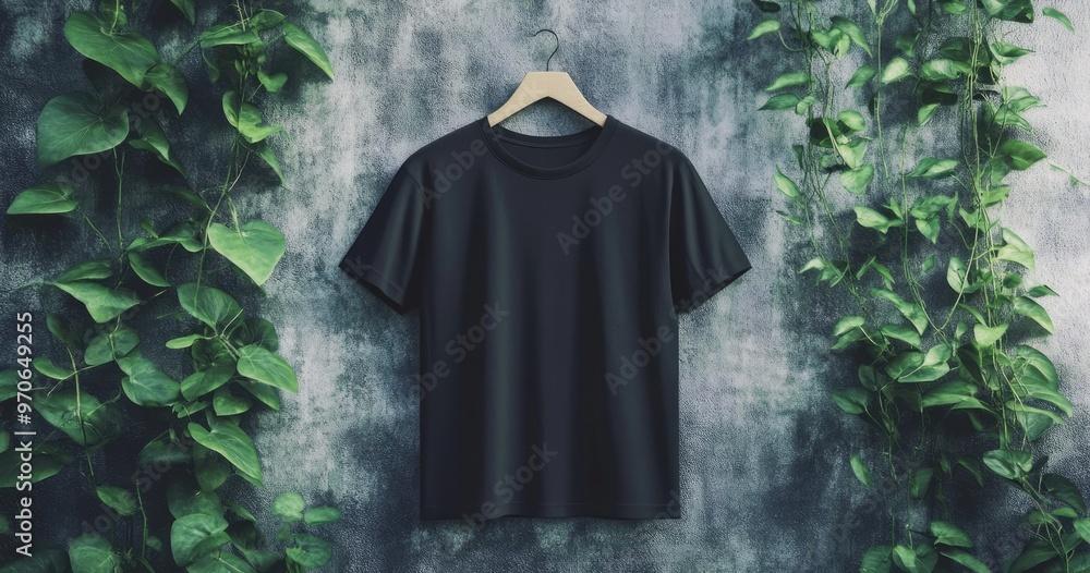 Black t-shirt mockup hanging on a wooden hanger against a gray wall background with green ivy vines on either side. Black t-shirt mockup hanging on a wooden hanger against a gray wall background with green ivy vines on either side.