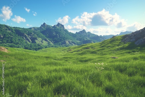 Wallpaper Mural Serene Rolling Hills: Lush Green Landscape with Rocky Outcrops Under Blue Skies Torontodigital.ca