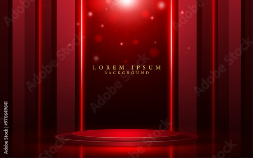 vector illustration red stage podium and decorative laser light lines modern and creative luxury award and presentation abstract product display and marketing background element.