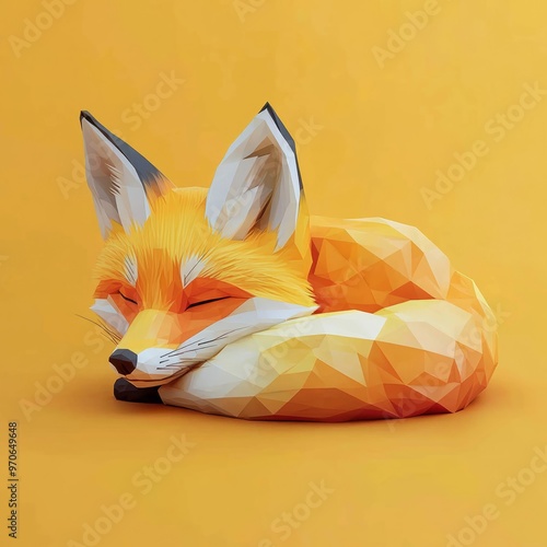 Polygonal Art of a Sleeping Fox on a Vibrant Yellow Background photo