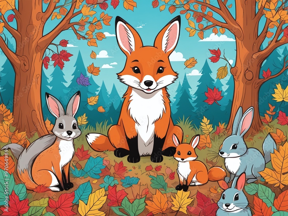 Fototapeta premium cartoon style of Adorable woodland animals including foxes and a bunny in a whimsical autumn forest setting surrounded by colorful leaves