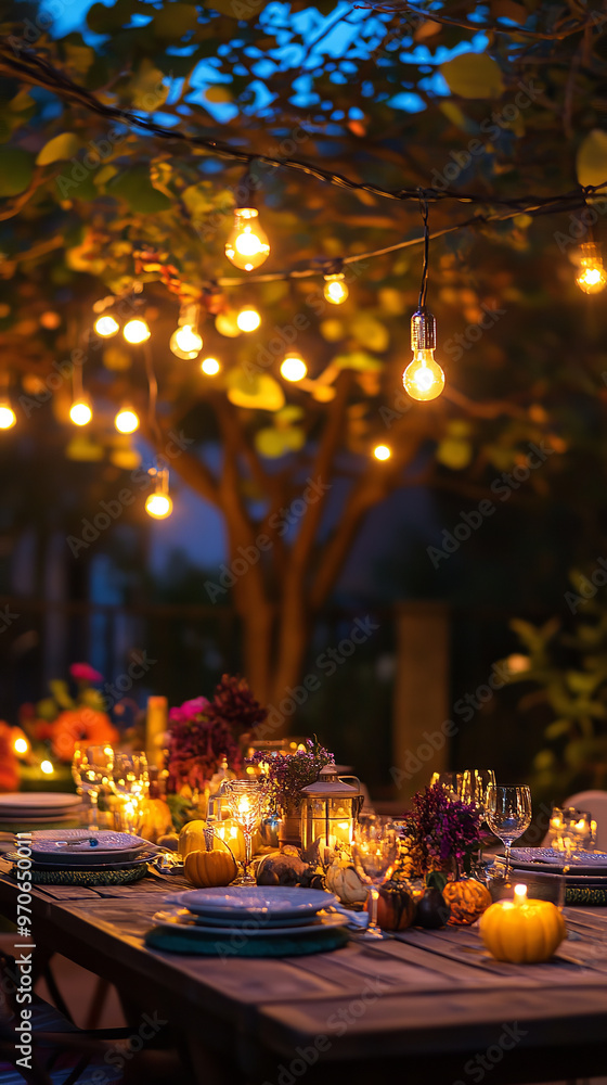 Elegant LGBT Halloween Garden Party with Festive String Lights and Decor Elegant LGBT Halloween Garden Party with Festive String Lights and Decor
