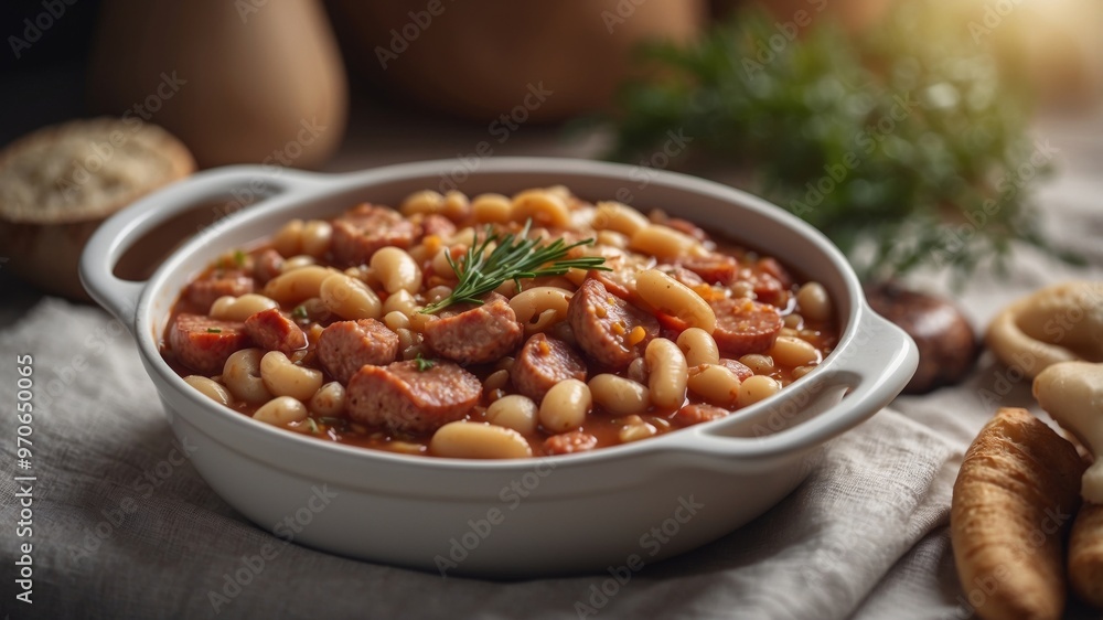 French Dish - Traditional Cassoulet with Sausage and White Beans. French Dish - Traditional Cassoulet with Sausage and White Beans.