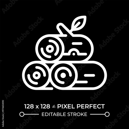 Logging white linear icon for dark theme. Tree cutting. Timber wood. Forest management. Wood harvest, processing and production. Thin line illustration. Isolated symbol for night mode. Editable stroke