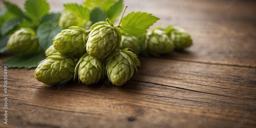 Fresh hops with green leaves on wooden table. Fresh hops with green leaves on wooden table.