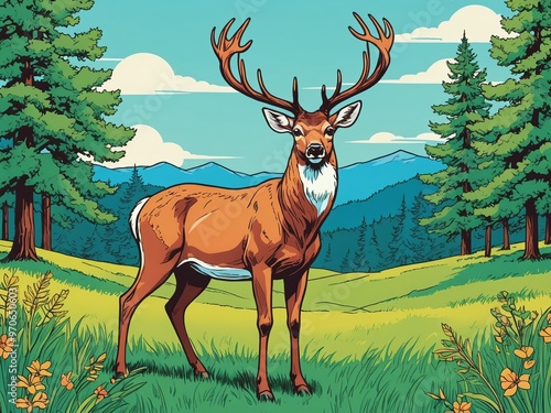 cartoon style of Illustration of a majestic deer standing in a grassy field with antlers prominently displayed