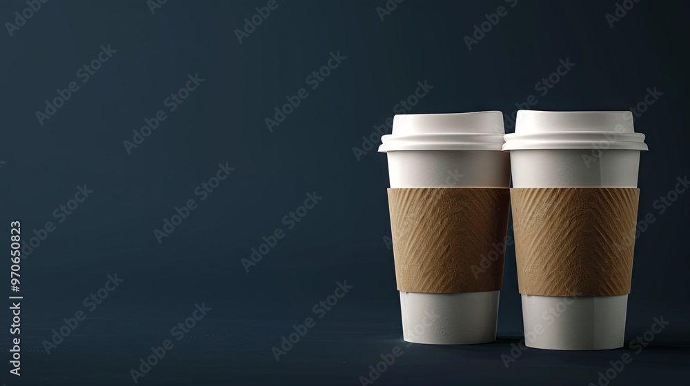 Two paper coffee cups with empty space for your logo on a dark blue background with copy space. Street drinks concept. Coffee with you Two paper coffee cups with empty space for your logo on a dark blue background with copy space. Street drinks concept. Coffee with you