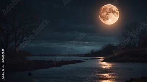 Dark and stormy landscape with full moon. photo