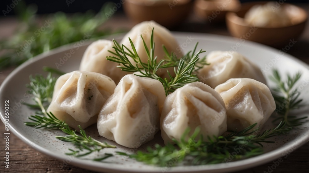 Traditional dumplings in a plate with herbs. Traditional dumplings in a plate with herbs.