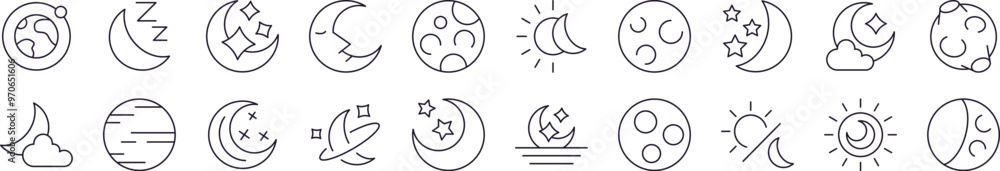 Celestial Bodies Thin Line Icon Set. Editable Stroke. Suitable for Banners, Cards, Social Networks, Apps Celestial Bodies Thin Line Icon Set. Editable Stroke. Suitable for Banners, Cards, Social Networks, Apps