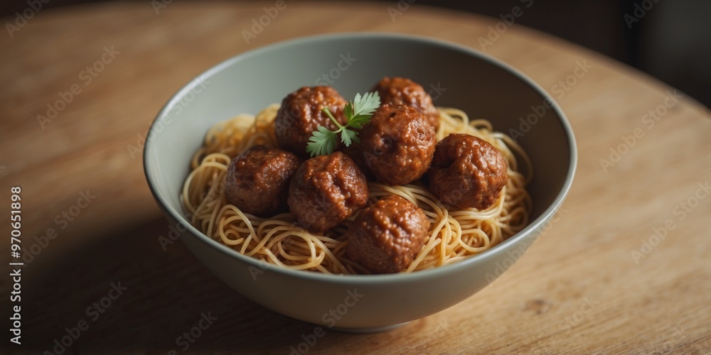 Delicious bowl of noodles with meatballs from above. Delicious bowl of noodles with meatballs from above.
