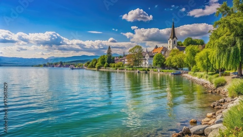 Beautiful shoreline of Radolfzell am Bodensee in summertime , Seeufer, Radolfzell, Bodensee, Lake, Water, Shoreline