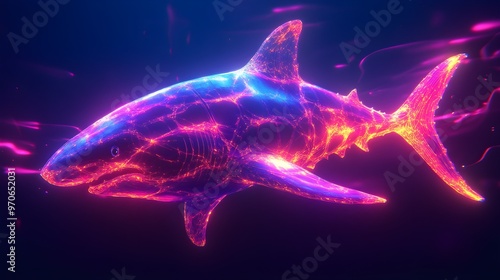 High-resolution realistic Hammerhead shark with neon light effects illuminating the deep sea image photo