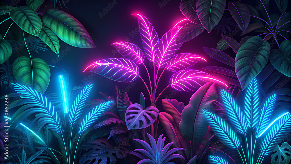 Vibrant Neon-Lit Tropical Jungle with Lush Greenery Vibrant Neon-Lit Tropical Jungle with Lush Greenery