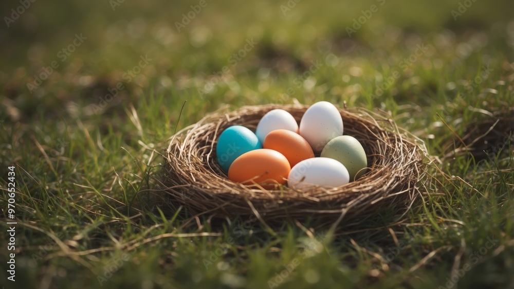 A nest of eggs is sitting on the grass in a field. A nest of eggs is sitting on the grass in a field.
