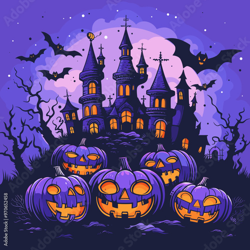 A Halloween scene with smaller pumpkins with a castle in the background