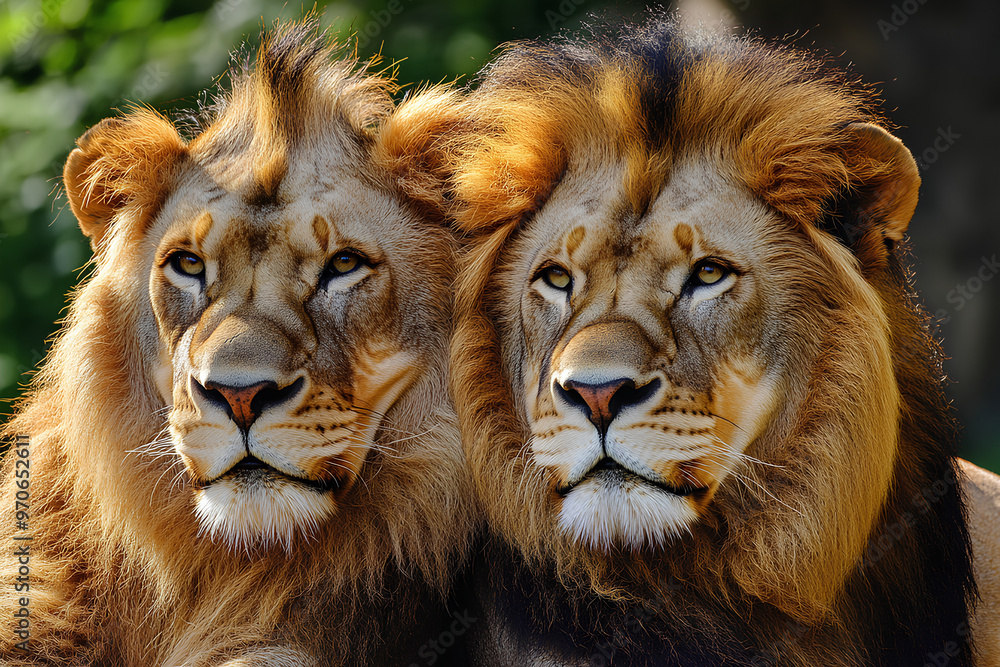 Fototapeta premium Two majestic lions resting side by side, showcasing their powerful features and expressions.