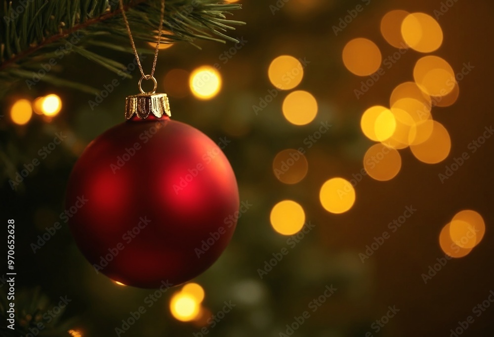 Golden Christmas Tree Scene Lights Background. A red christmas ornament hanging from a tree with golden lighting with bokeh in the background Golden Christmas Tree Scene Lights Background. A red christmas ornament hanging from a tree with golden lighting with bokeh in the background