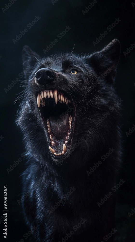 black wolf baring its teeth, a frightening face against a dark background black wolf baring its teeth, a frightening face against a dark background