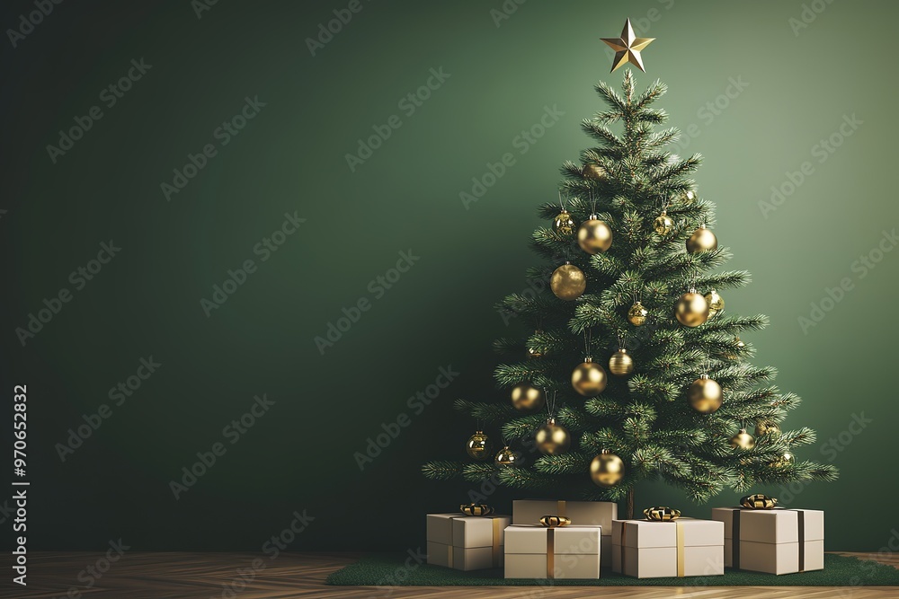 Decorated Christmas tree with gifts on green background Decorated Christmas tree with gifts on green background