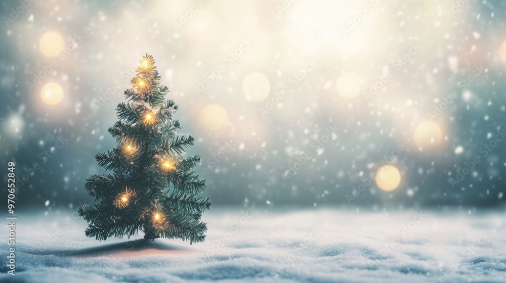 Obraz premium Christmas tree with lights on a snowy background