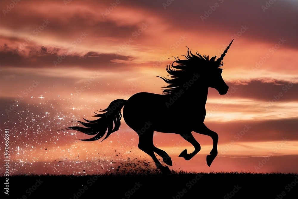 Silhouette of unicorn running in evening leaving glitter behind him Silhouette of unicorn running in evening leaving glitter behind him