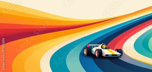 A cartoon race car collage with groovy drivers speeding down a rainbow-colored racetrack photo