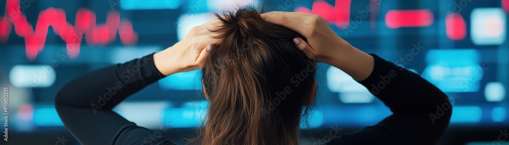 Obraz premium Frustrated businesswoman at desk, hands in hair, screen displaying stock market collapse, abstract financial chaos in background, Panic sell, economic volatility concept