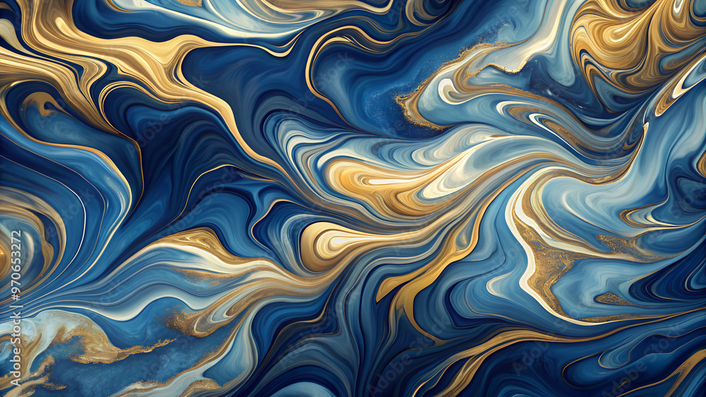 Fototapeta premium Abstract Fluid Marble Background with Swirling Blue and Gold Patterns