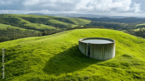 Gravity Fed Water Storage Tank on a Hill Supplying Homes in a Rural Area photo