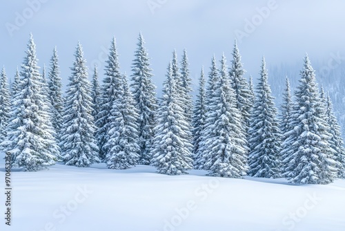 Snow-covered pine trees in winter landscape