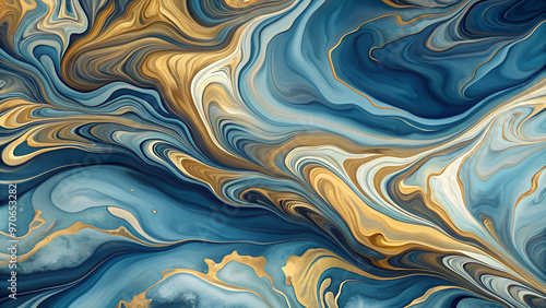 Abstract Fluid Marble Background with Swirling Blue and Gold Patterns