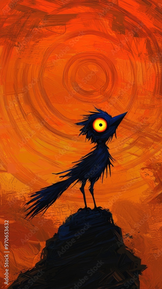 Fototapeta premium Silhouette of a Bird on a Rock Against an Orange Sunset