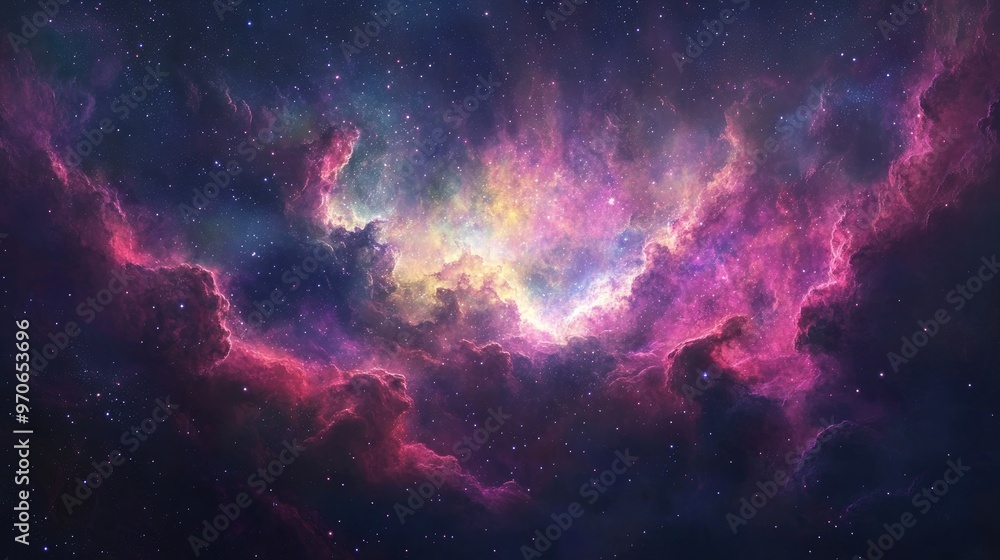 Fototapeta premium A vibrant nebula with swirling clouds of pink, purple, and yellow gas against a backdrop of twinkling stars.