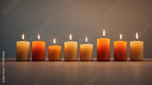 Six Lit Candles with Different Shades of Yellow and Orange. photo