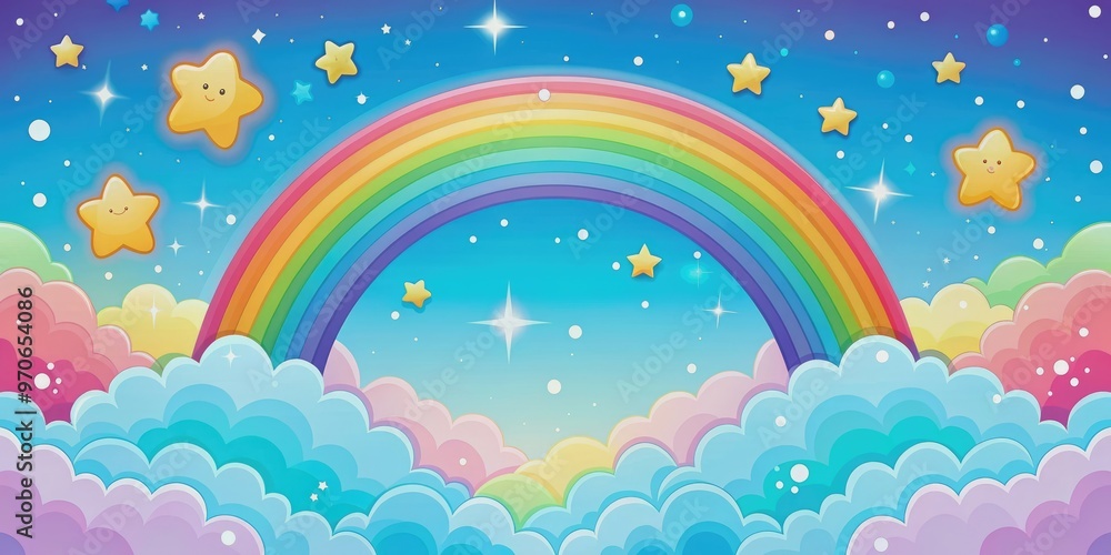 Colorful kawaii sky background with rainbow, stars, and clouds, kawaii, colorful, sky, rainbow, stars, clouds, abstract Colorful kawaii sky background with rainbow, stars, and clouds, kawaii, colorful, sky, rainbow, stars, clouds, abstract
