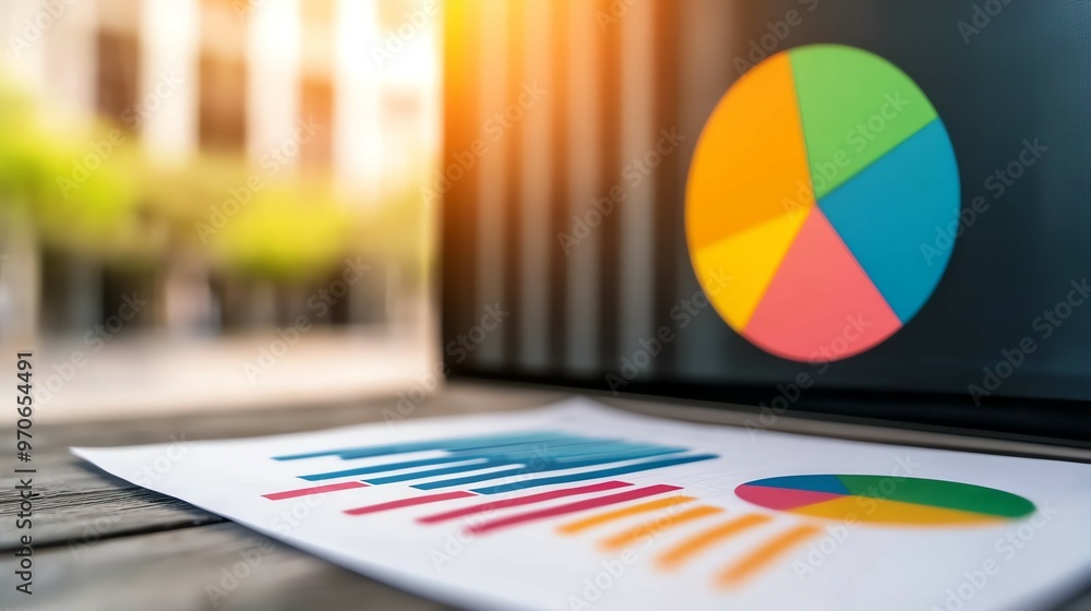 Fototapeta premium Closeup of a market research report on a screen, focus on data visualization and insights, organized workspace